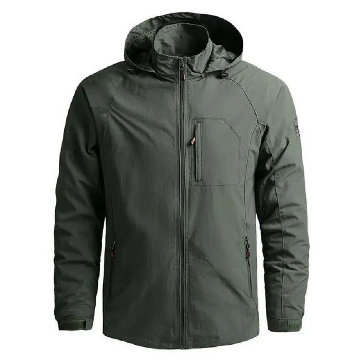 Practical men's lightweight hooded jacket for modern casual spring & fall outfits. Comfortable zip-up outerwear.