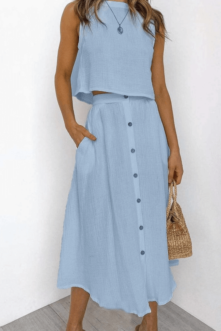Women's Relaxed Round Neck Top and Midi Skirt Set