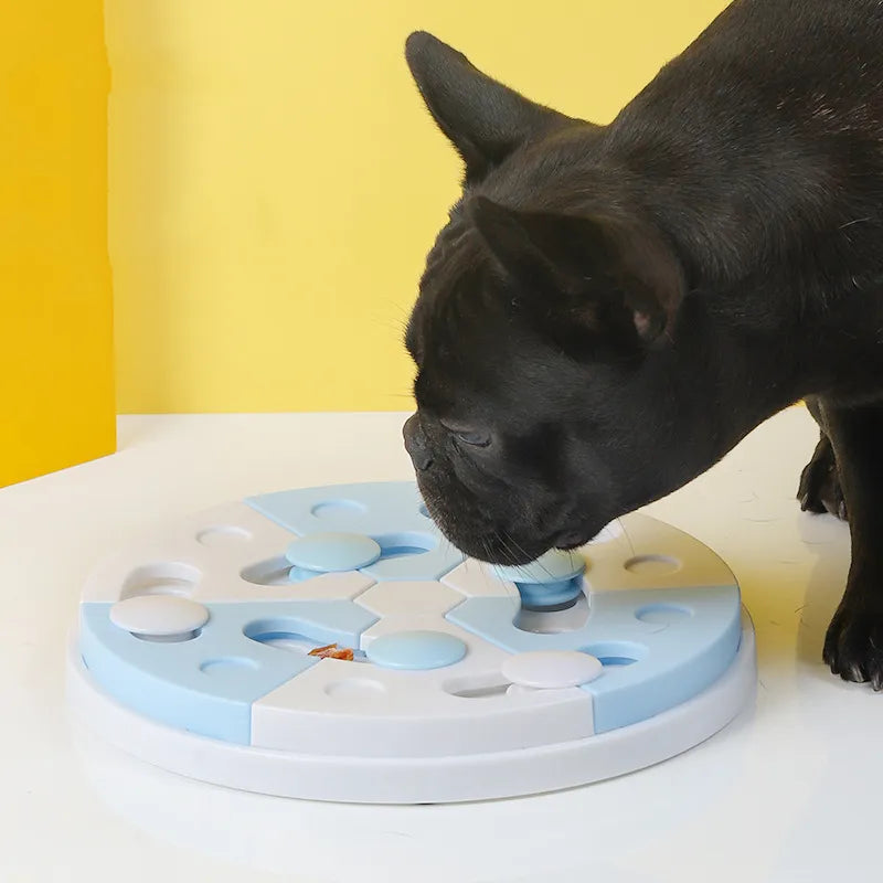 Unisex pet puzzle food dispenser with treat compartments. Engages dogs & cats in problem-solving.