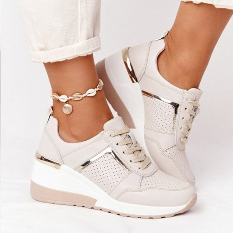 "Beige breathable leather women's shoes, sleek and trendy for everyday wear, perfect for matching any outfit."