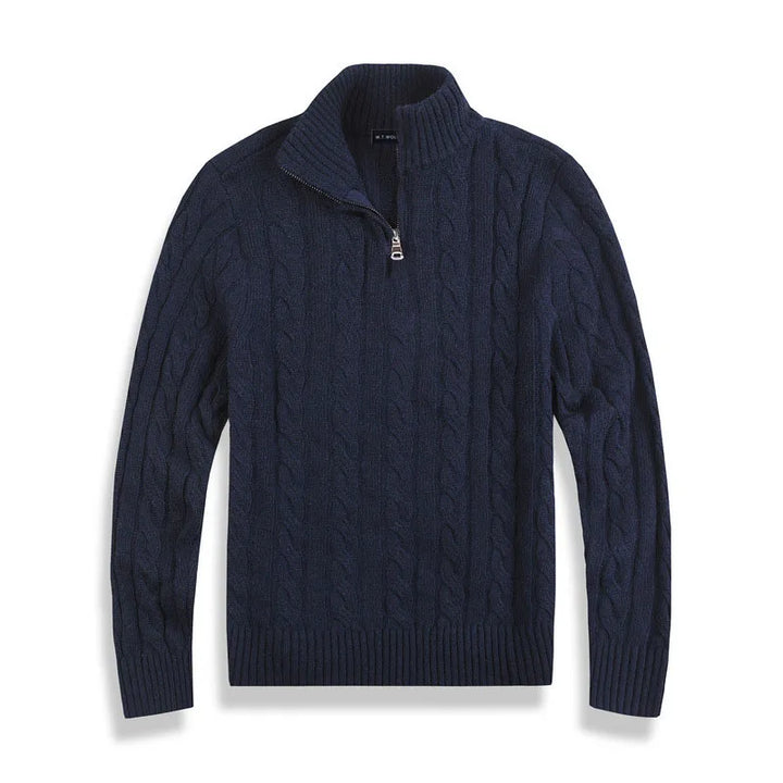 Beige men's half-zip cotton sweater with high collar, front view. Features ribbed edges and luxurious soft fabric.