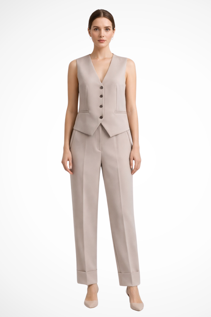Beige women's tailored 2-piece suit with a sleeveless waistcoat and straight-leg trousers, perfect for workwear.