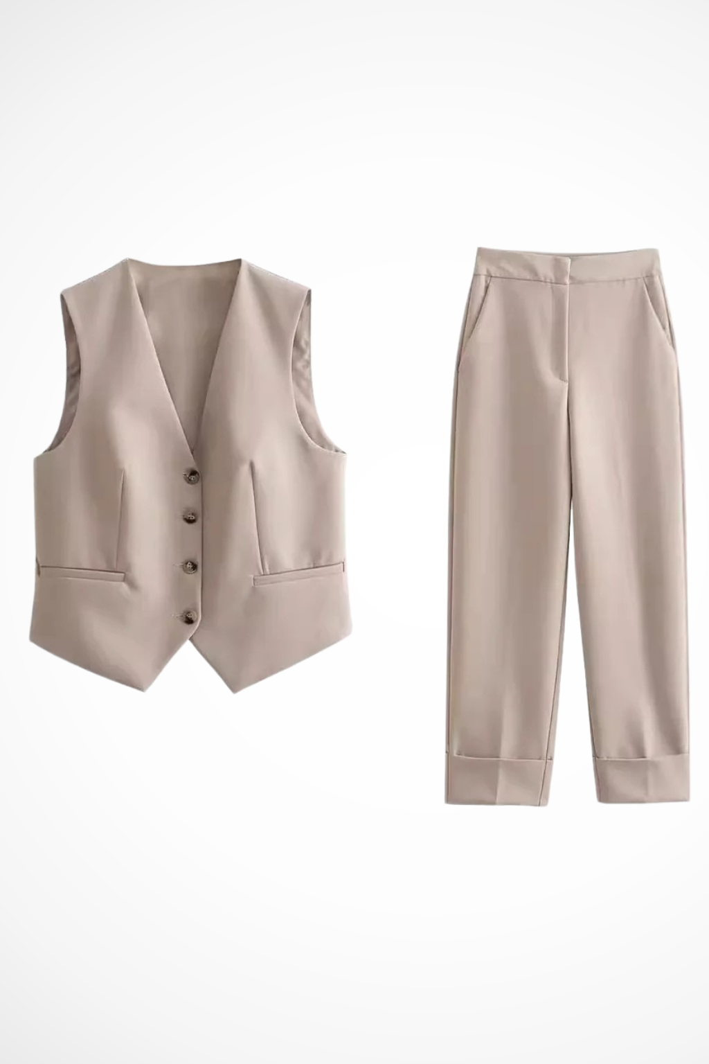Elegant beige women's waistcoat and matching straight-leg trousers suit set, ideal for formal occasions & business.