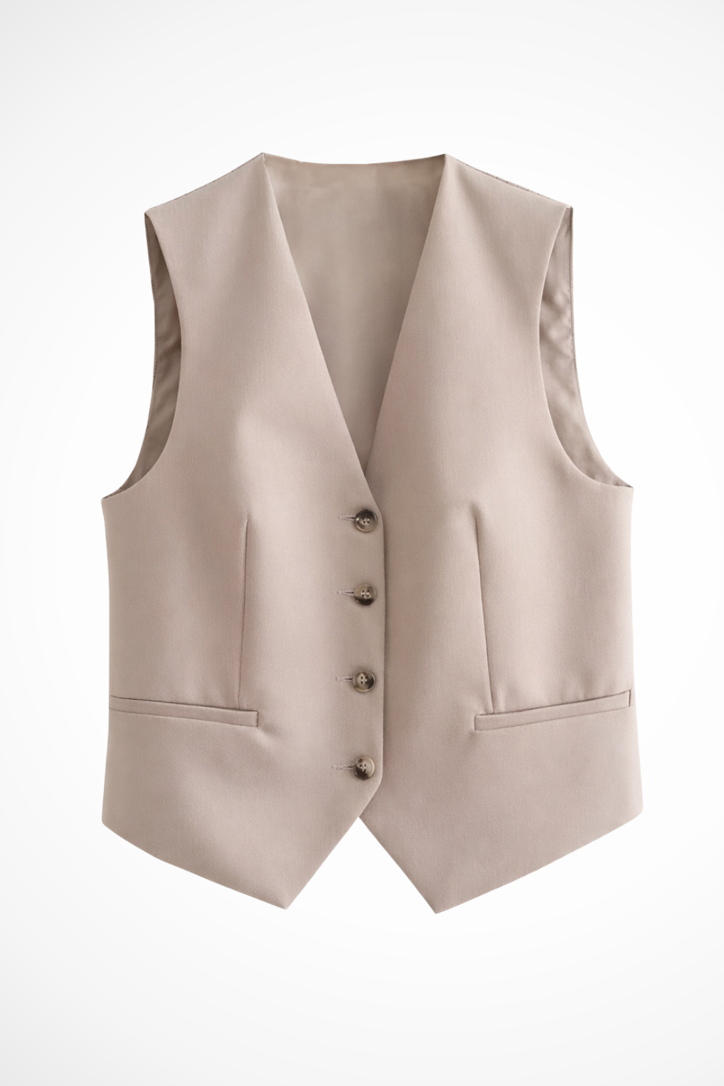 Chic tailored women's beige suit featuring a sleeveless waistcoat and sophisticated straight-leg trousers for elegance.