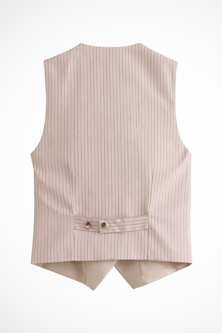 Professional women's beige suit set including a sleek sleeveless waistcoat and tailored straight-leg trousers.