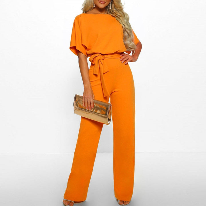 Beige women's elegant wide-leg jumpsuit with short sleeves and self-tie belt, perfect for stylish occasions.