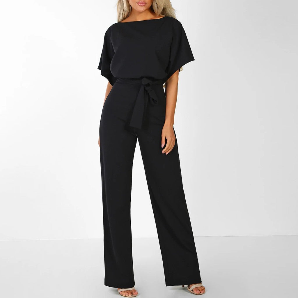 Beige women's elegant wide-leg jumpsuit with short sleeves and self-tie belt, perfect for stylish occasions.