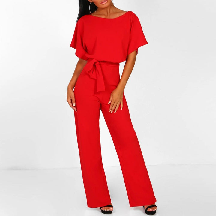 Beige women's elegant wide-leg jumpsuit with short sleeves and self-tie belt, perfect for stylish occasions.