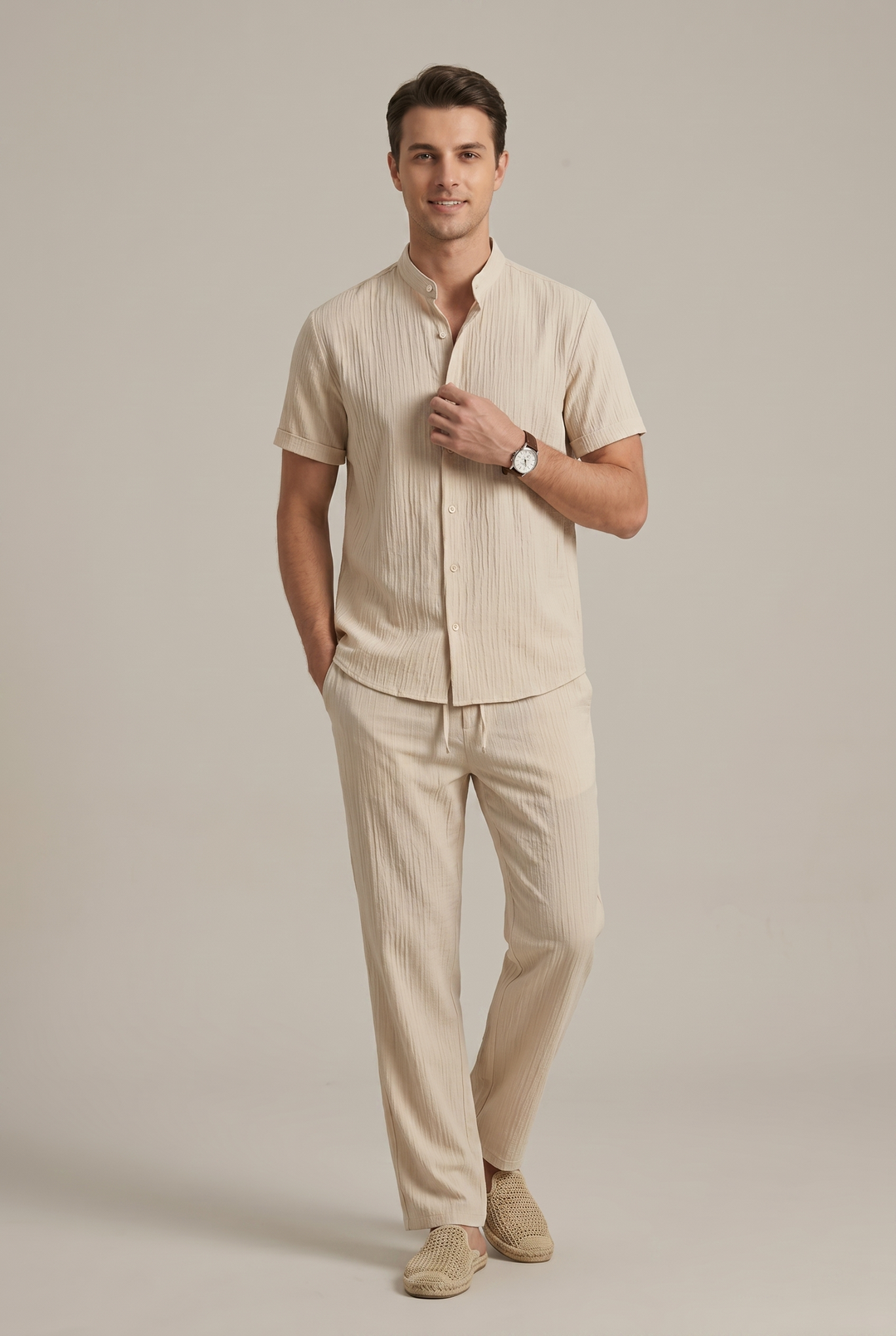 Stylish men's striped short sleeve shirt and matching relaxed fit trousers, a versatile two-piece outfit set.
