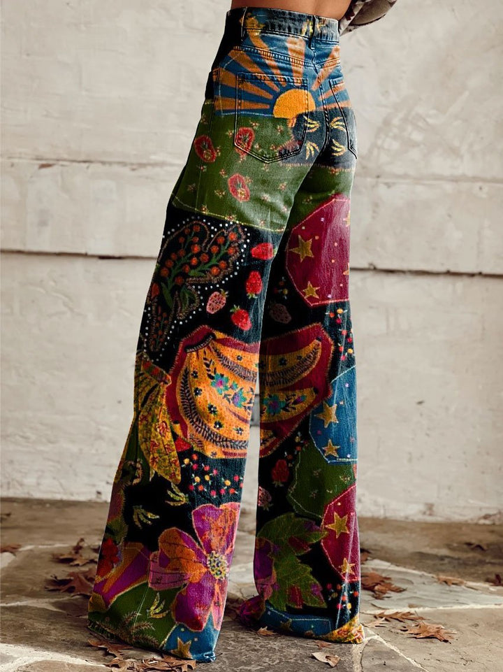 Flowy high-waist bohemian wide leg pants for women. Vintage-inspired comfort, ideal for casual summer fashion.