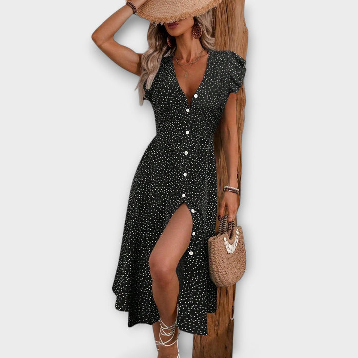 Stylish polka dot A-line midi dress, a versatile and elegant choice for women's summer fashion.