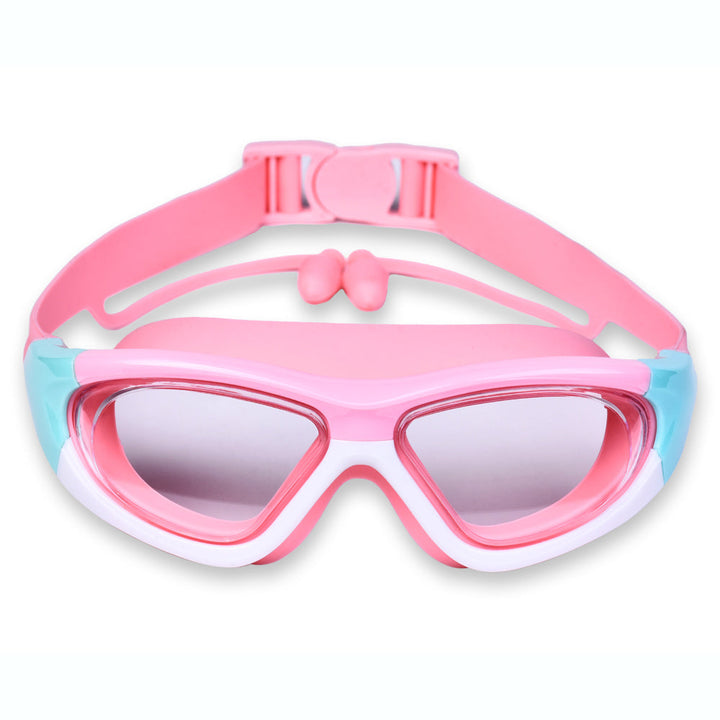 Durable large frame kids swim goggles with soft silicone & anti-fog lenses.
