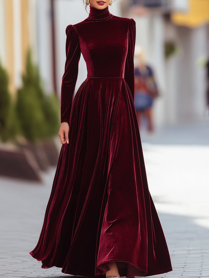 Elegant women's high waist pleated longline dress with mock neck & long sleeves, perfect for formal occasions.