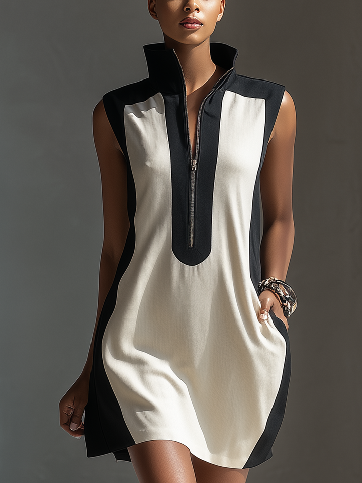 Versatile women's bicolor mini dress, black & white with half-zip. Chic sleeveless bodycon, great for summer casual.