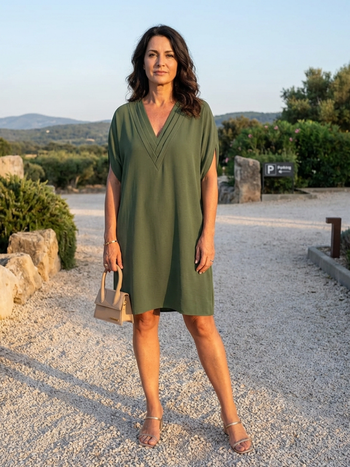 Relaxed fit women's dress, a stylish draped V-neck shift design with comfortable cap sleeves.