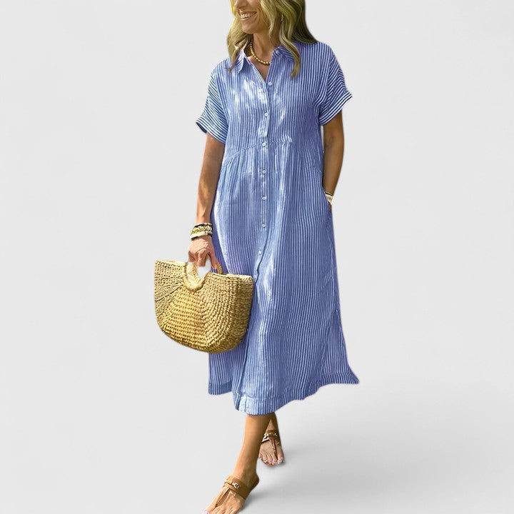Elegant women's vertical stripe midi dress, comfortable and flattering for a chic, versatile style.