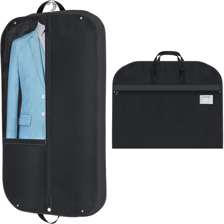 Black 2-pack protective garment bags for suits, dresses, and clothing storage; ideal for wardrobe organization.