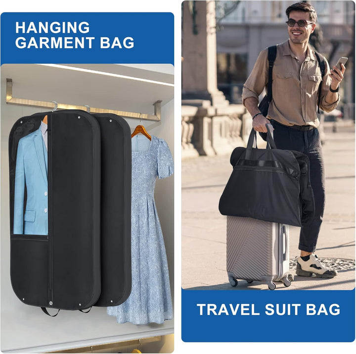 High-quality black garment bag 2-pack for suits and dresses, offering breathable fabric and secure clothing protection.