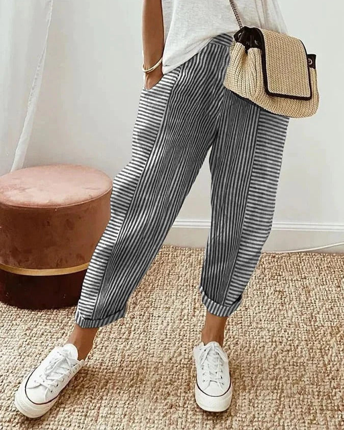 Women's relaxed fit classic striped trousers. Casual & comfortable pants with elastic waist for everyday style.