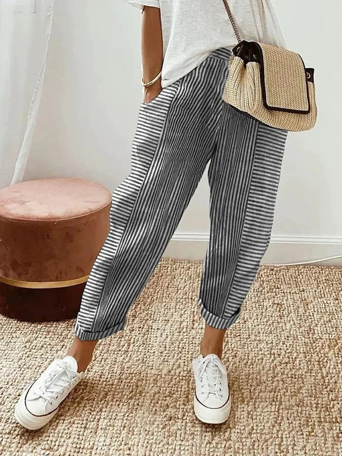Versatile women's striped summer pants, ideal for casual outings or comfortable everyday fashion.