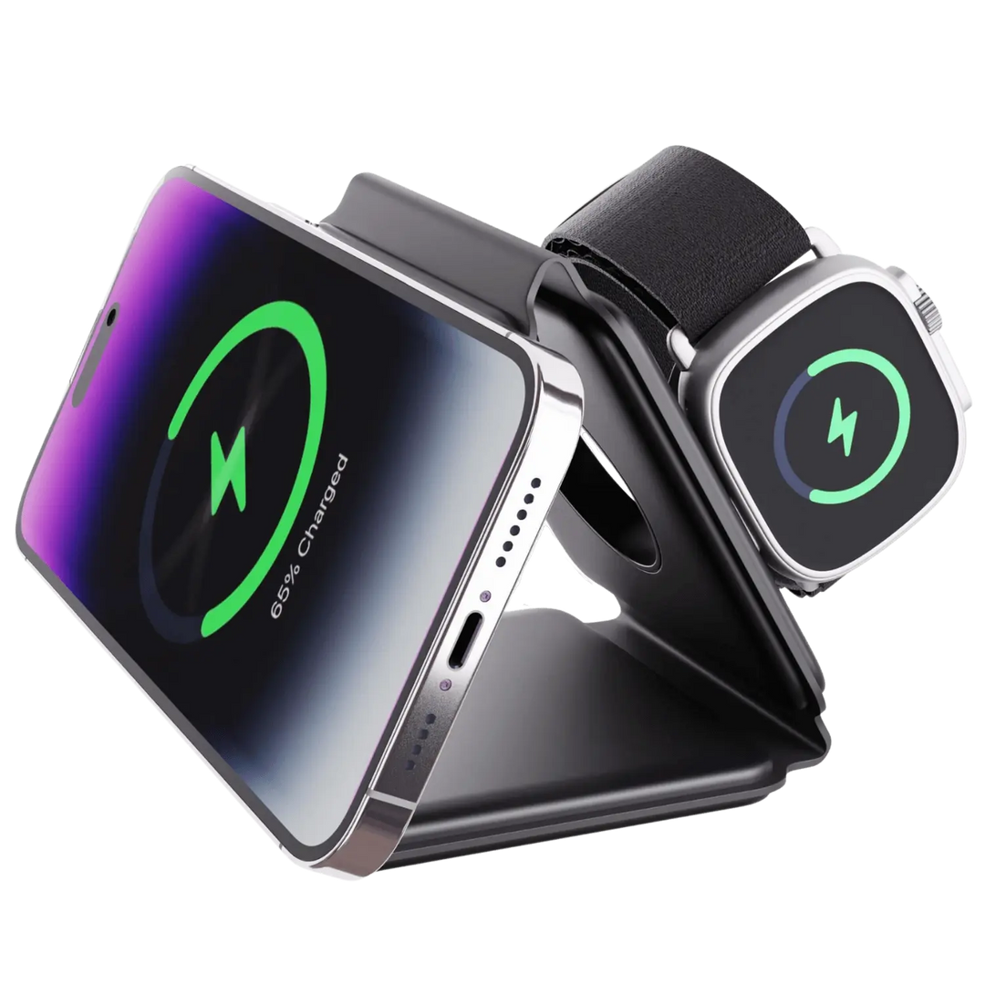 "Black 3-in-1 foldable wireless charger for iPhone, Apple Watch, AirPods; compact, sleek design for easy portability."