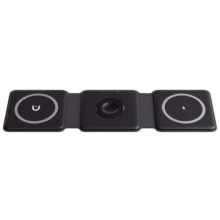 "Black 3-in-1 foldable wireless charger for iPhone, Apple Watch, AirPods; compact, sleek design for easy portability."