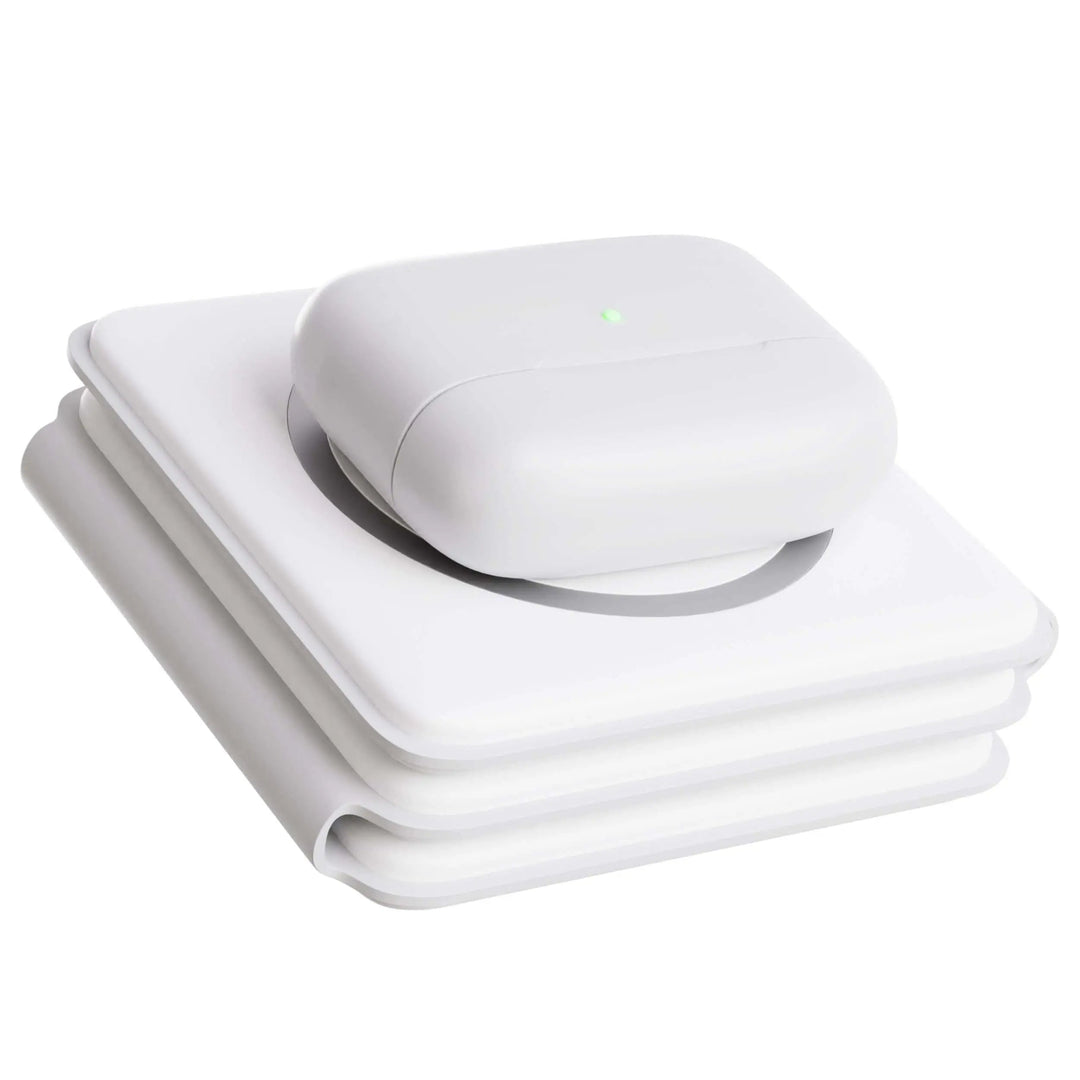 "Black 3-in-1 foldable wireless charger for iPhone, Apple Watch, AirPods; compact, sleek design for easy portability."