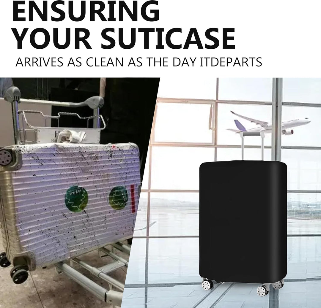 Durable, stretchable black luggage covers (3-piece) protect suitcases from travel wear, scratches, and dust.