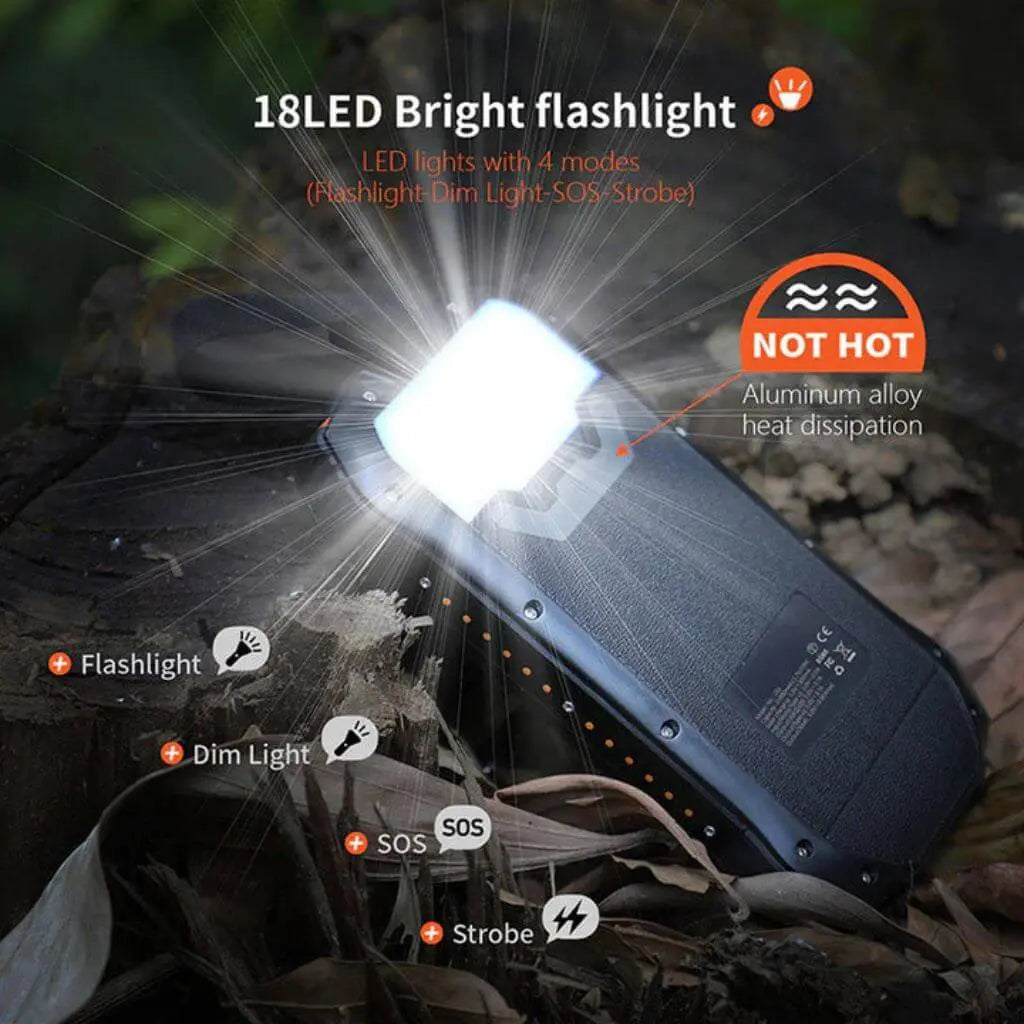 "Black and orange portable solar power bank for outdoor use, showcasing sleek design and multiple charging ports."