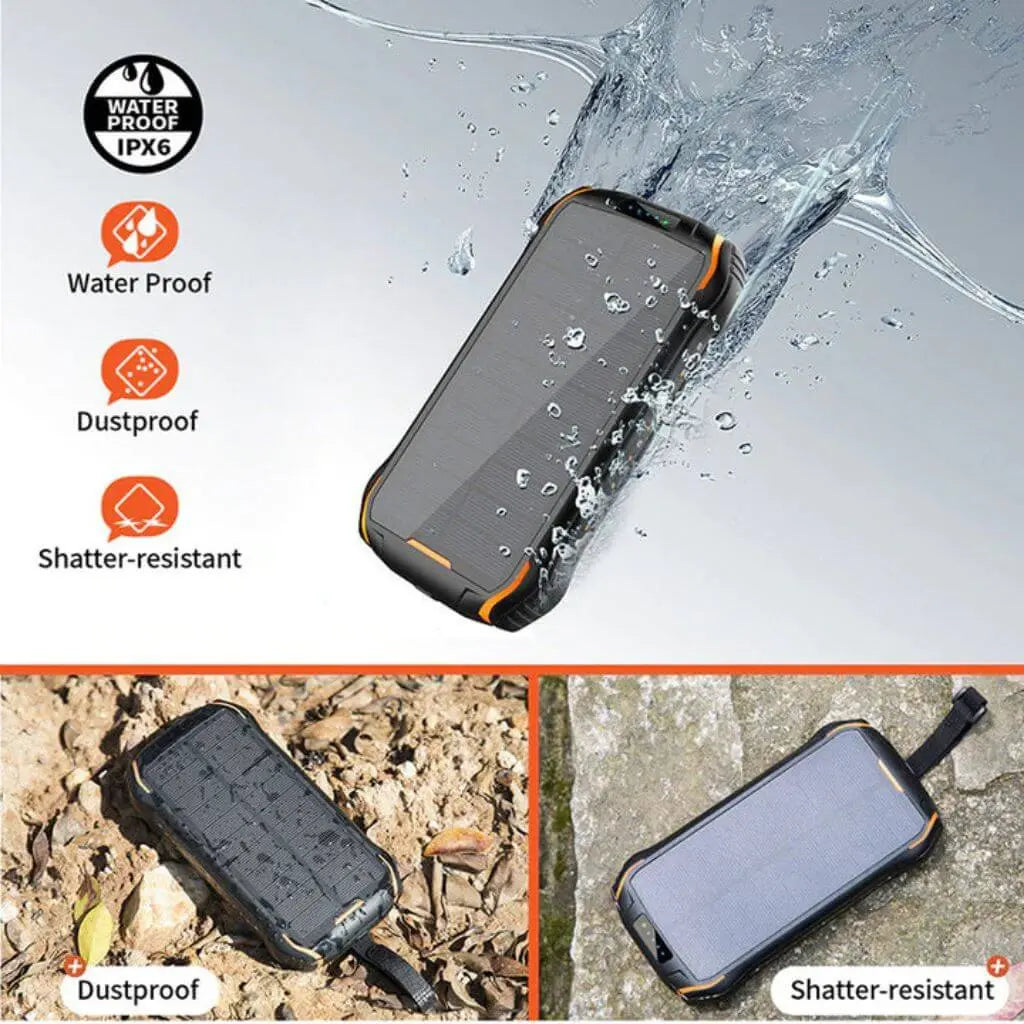"Black and orange portable solar power bank for outdoor use, showcasing sleek design and multiple charging ports."