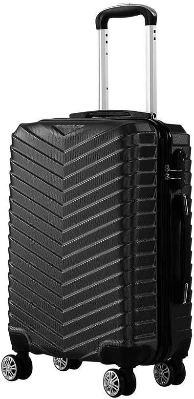 Black compact hard-shell carry-on suitcase with 360° spinner wheels, ideal for travel.