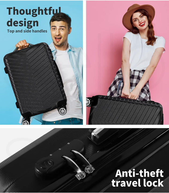 Stylish black compact carry-on suitcase, organized & secure for your travel needs.