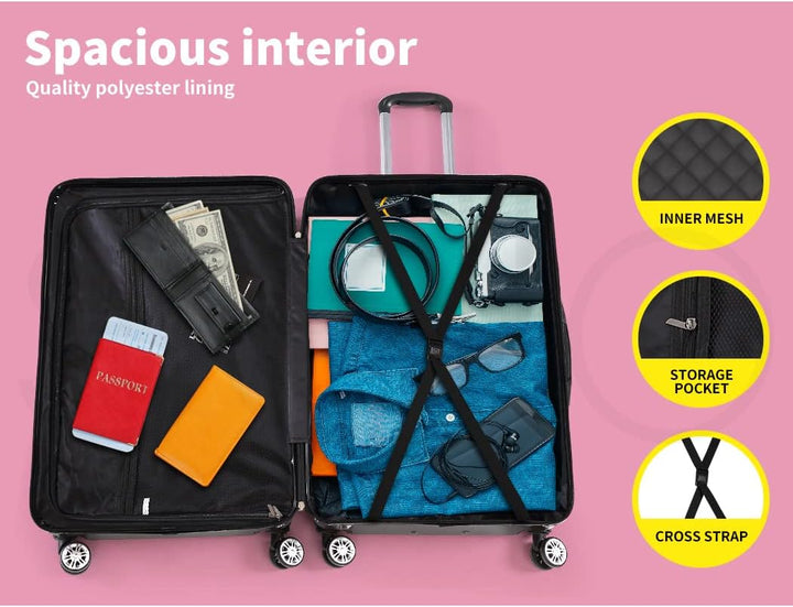 Lightweight black hard-shell carry-on suitcase with spinner wheels, built for easy airline travel.
