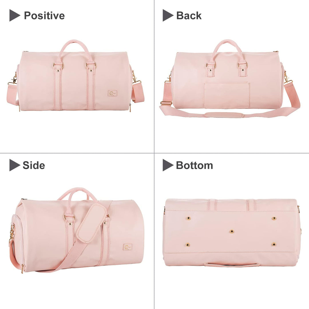 Garment duffel bag on hotel bed, ready to unpack for a business trip or vacation.