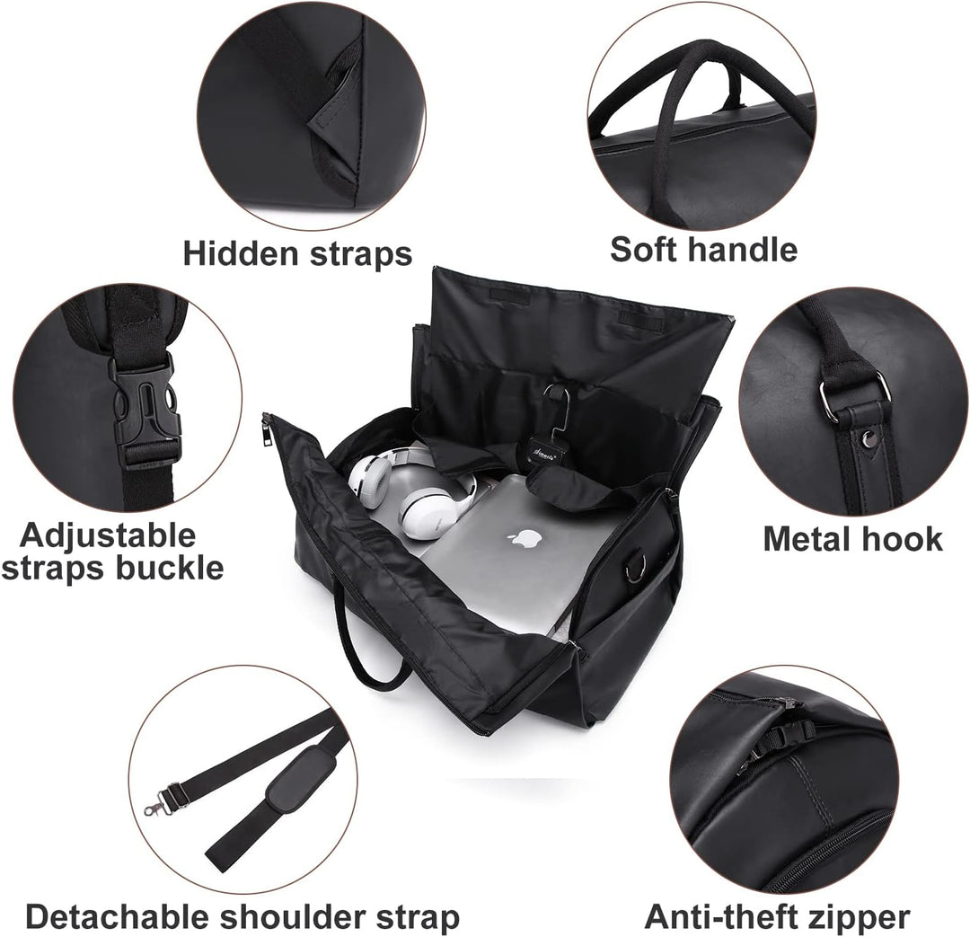 Unisex convertible garment duffel bag, transforming for suits, dresses & travel essentials.