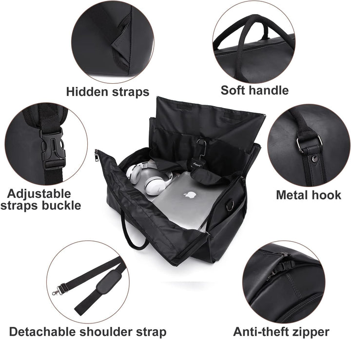 Unisex convertible garment duffel bag, transforming for suits, dresses & travel essentials.