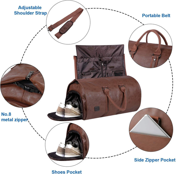 Traveler using a versatile garment duffel bag, ready for a stress-free business or leisure trip.