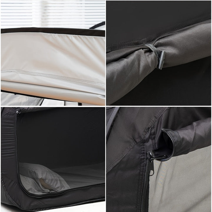 Portable black tent bed, a private sleep solution for camping, home use, festivals, or dorm rooms. Foldable design.