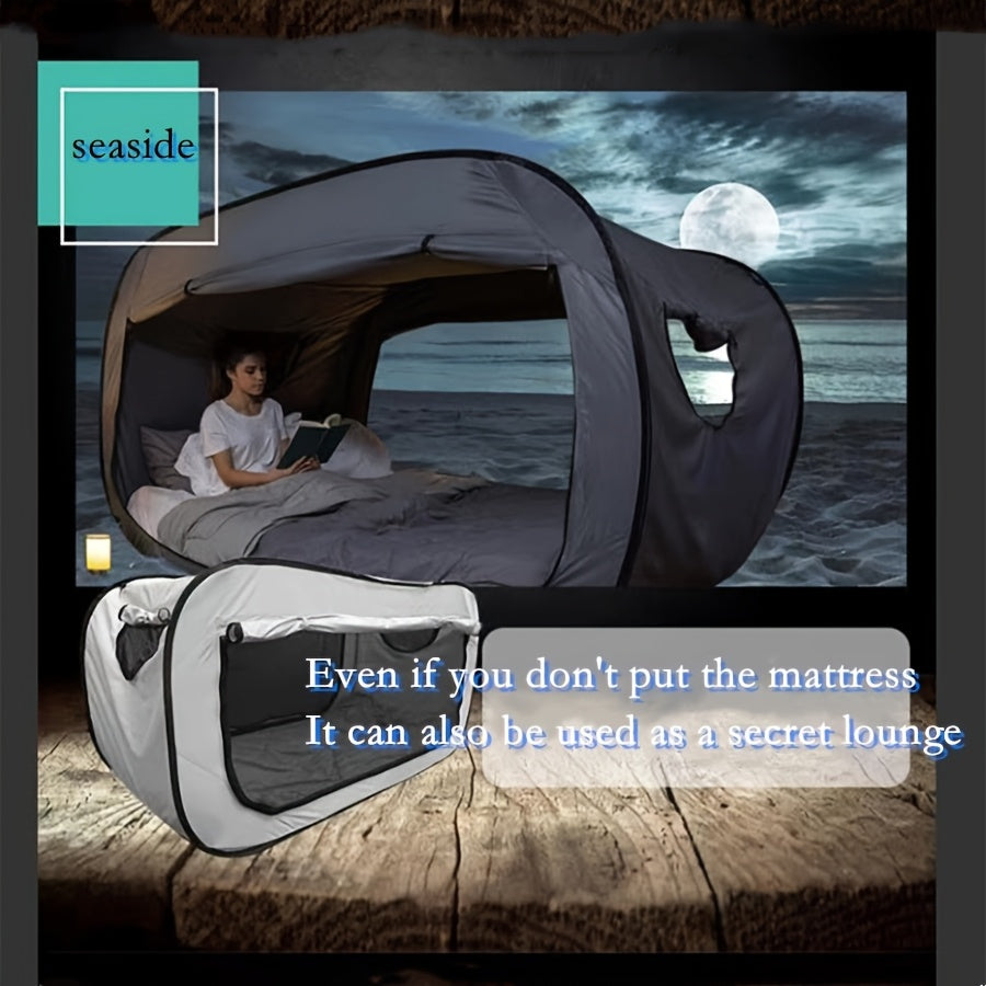 CozyNest portable tent bed, black, offering private sleep for camping, student housing, or indoor/outdoor use.
