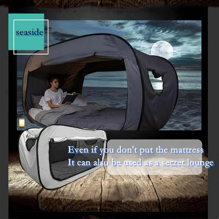 CozyNest portable tent bed, black, offering private sleep for camping, student housing, or indoor/outdoor use.