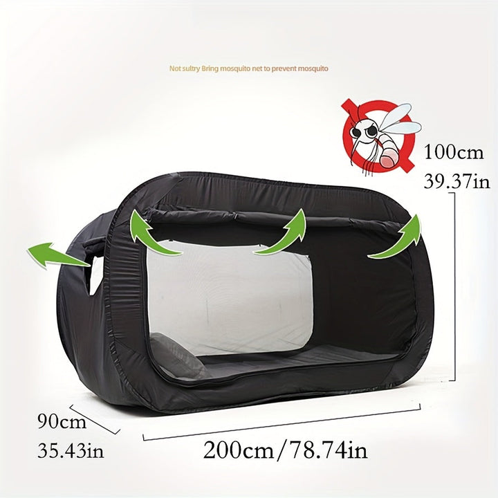Private black camping tent bed. Portable & foldable for easy setup. Perfect for indoor/outdoor sleep solution.