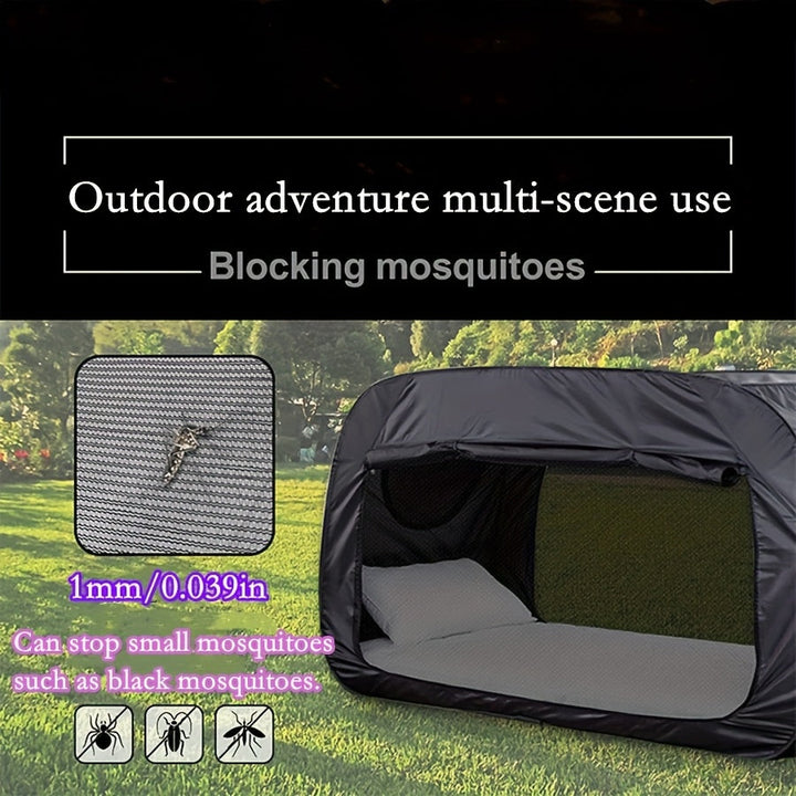 Enjoy private sleep with this black foldable tent bed. Great for camping, guest rooms, or portable indoor use.