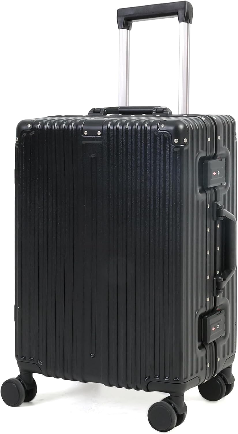 Black durable aluminum frame luggage for travel, ideal as a hard shell suitcase.