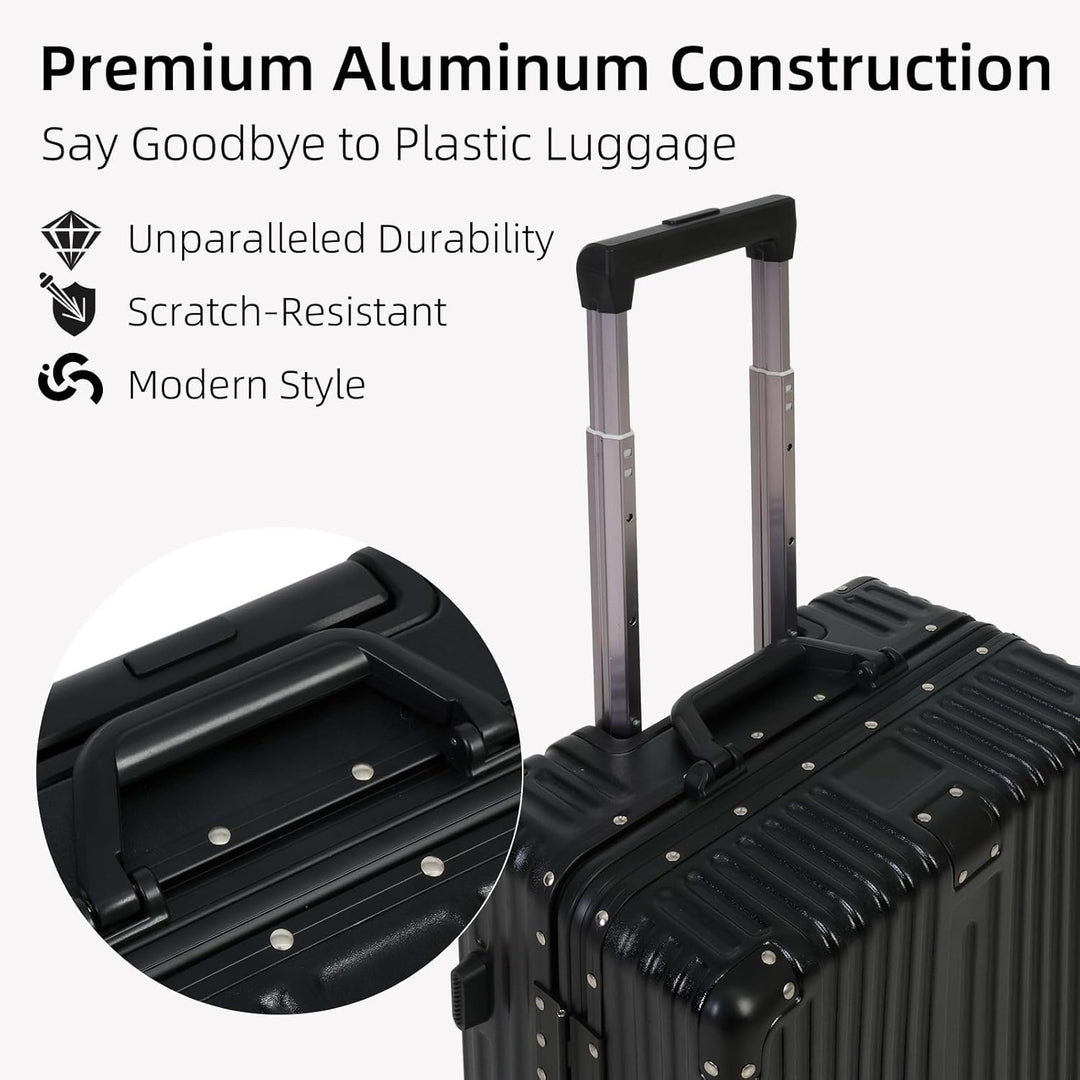 Durable hard shell aluminum luggage with sturdy frame & smooth spinner wheels for easy travel.