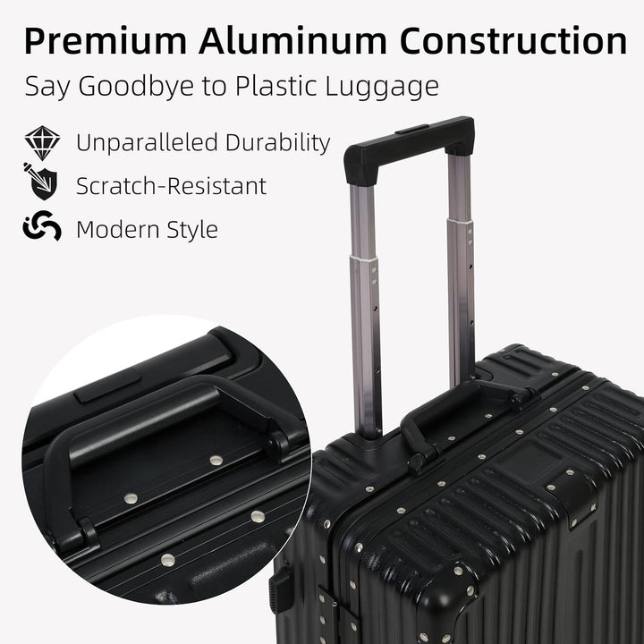 Durable hard shell aluminum luggage with sturdy frame & smooth spinner wheels for easy travel.