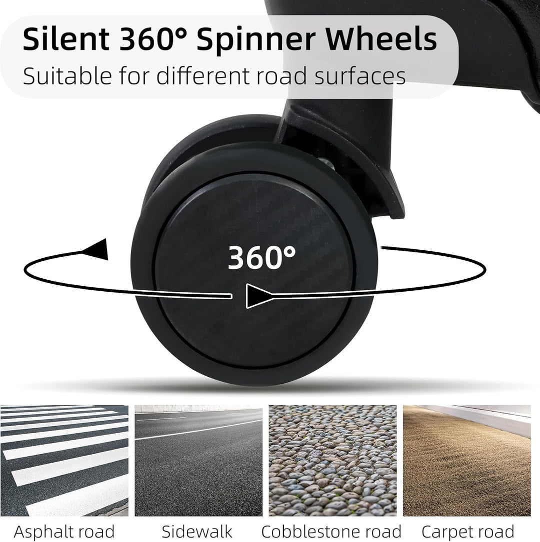 Smooth spinner wheels on this black aluminum check-in & carry-on luggage make travel easy.