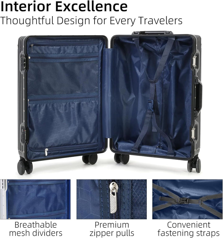 Versatile black aluminum luggage set: carry-on & check-in. Durable hard shell travel gear.