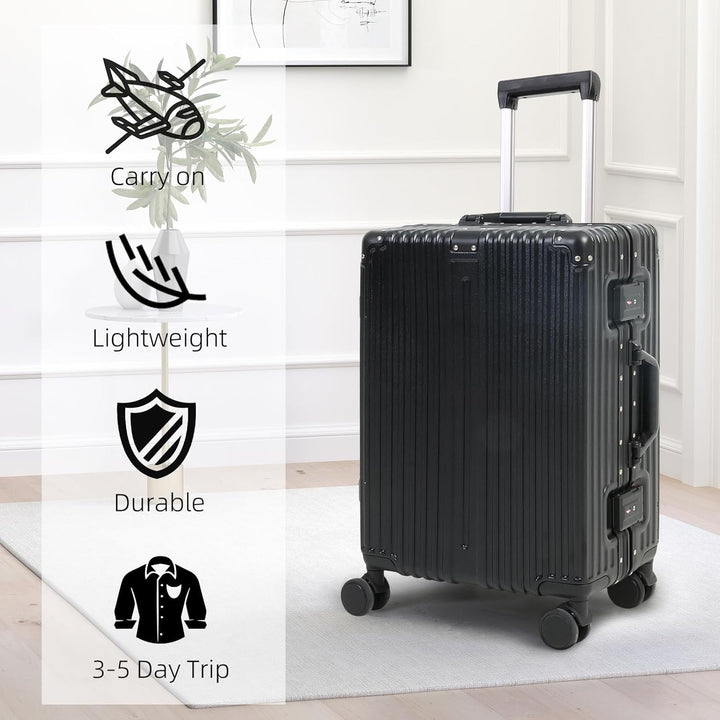 Sleek black aluminum hard shell luggage, durable travel bag with TSA lock & spinner wheels.