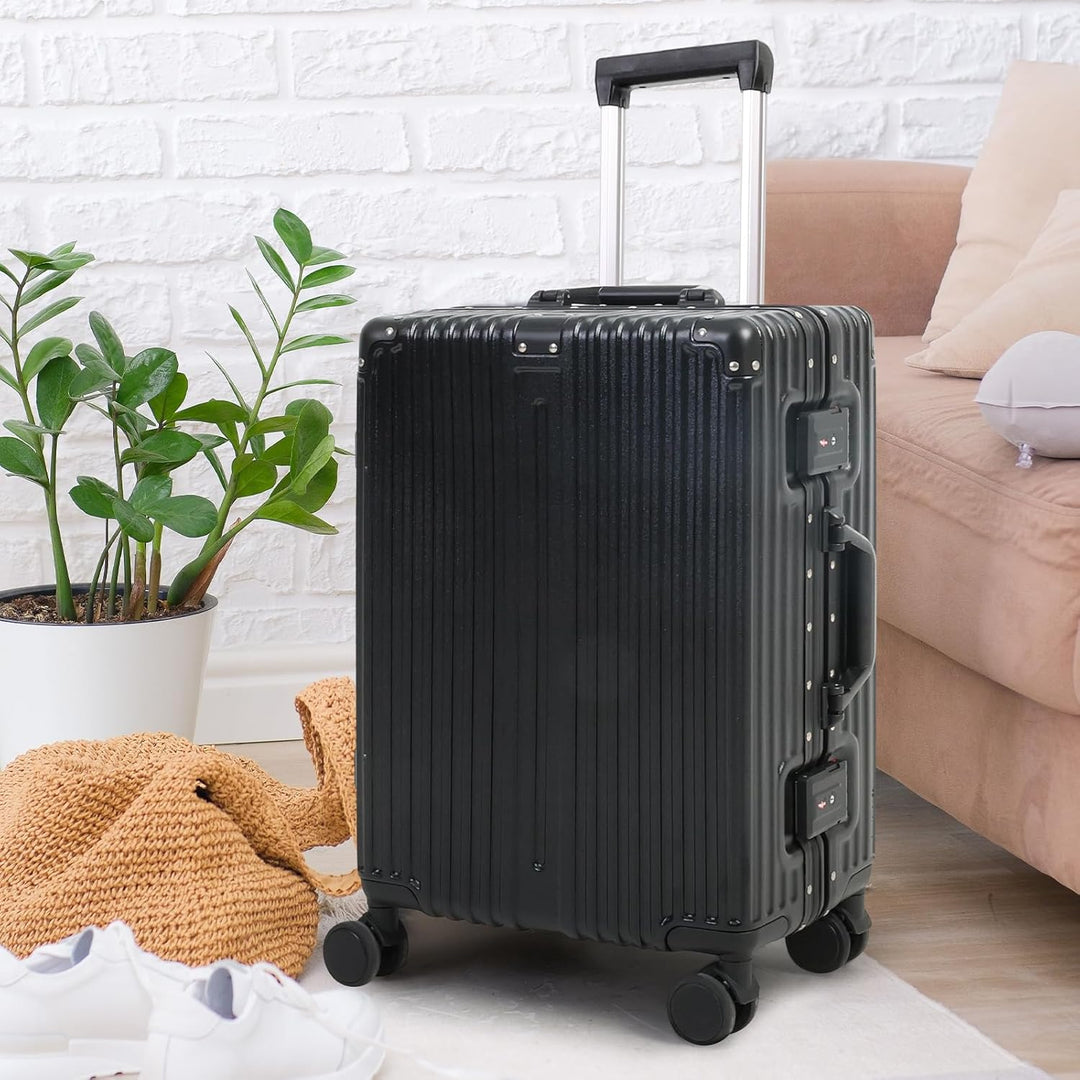 Premium black aluminum luggage featuring TSA lock, smooth spinner wheels, and durable frame.