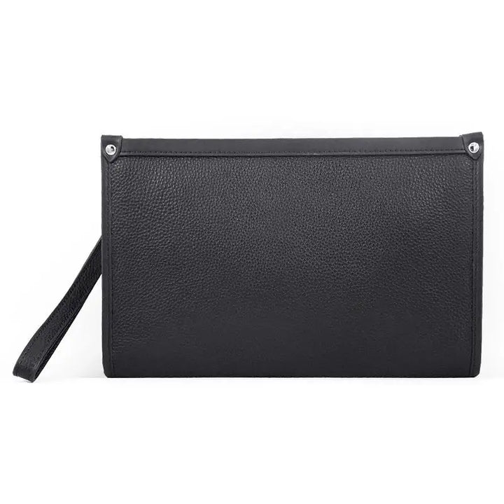 Black genuine leather men's business clutch with secure fingerprint lock for executive professionals.